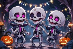 score_9, score_8_up, score_7_up, source_anime, chibi skeletons are dancing together at a halloween party, dynamic dance poses, Dark spooky background with halloween decor