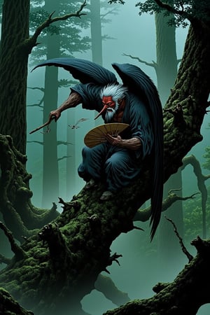 Tengu,traditional japanese yokai
,yokai in misty mountain forest, long-nosed mask, fierce red face,stick like long nose, white hair and beard, wearing traditional yamabushi attire, large black bird wings, holding big fan, perched on ancient gnarled tree, surrounded by towering cedar trees,