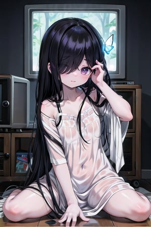 A super-cute chibi anime version of Sadako (yamamura sadakofrom The RIng, long,straight black hair over eyes obscuring one eye, long black hair, wearing a loose plain white cotton nightgown,  (Hair over eyes)barely visible red eyes, pale skin) sitting on top of a single televsion (butterfly sitting), closed-mouth smile, looking at the viewer and blushing