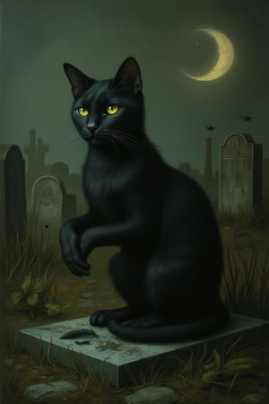  Score_9, score_8_up, Masterpiece, inspired by Nicoletta Ceccoli and Daria Petrilli, of a black cat sitting on a gravestone, ((grooming itself, cleaning its paws)). It has bright yellow eyes. The background is an eerie cemetary in the dead of night, overgrown with vegetation. A crescent moon rises in the background.