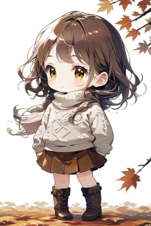 Simple background, Japanese pattern background, A chibi girl in a wool sweater and corduroy skirt, leather boots, warming herself against a chilly breeze in Autumn