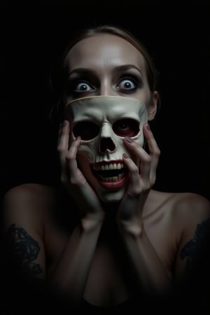 A dark disturbing scene, close-up portrait of a beautiful woman who is ((lifting her face as she would a mask)), holding her face away from her head, partially revealing a horribly disfigured face underneath. Otherwordly themes and a dark foreboding atmosphere.