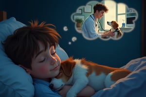 Here are two SD prompts:

**Prompt 1:**
In the bottom half of the image, A side view of a boy with tousled brown hair sleeping in his bed. Tucked up against him is his dog, a brown-and-white collie-husky mix. He looks peaceful and content as they both sleep soundly in the dark bedroom.
The bottom half of the image dissolves into the top half of the image, depicting the boys dream - the border is vaporous and fuzzy
**Prompt 2:**
In the top part of the image, as if in a dream A male veterinarian works in a clinic taking care of dogs, listening to the chest of a puppy with a stethoscope. He has brown hair and wears a white lab coat. He looks happy and content.