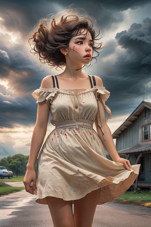 score_9, score_8_up, masterpiece, detailed 1girl(cute, look of concern on her face, looking away from the viewer towards the dark clouds, wearing a light-colored sundress that is blowing in the wind) standing on the porch of an old house, (looking away from the viewer), watching an approaching thunderstorm. Dark clouds, ominous atmosphere, windy, highly detailed. Background is a stormy countryside, rural environment, rustic feeling.