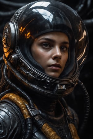 In a masterclass blend of dark fantasy, the image is a close up of a terrified female astronaut wearing a helmet and visor. In the clear visor, her highly detailed amber eyes are rivited on the appraoch of an Alien Xenomorph, visible only to the viewer as a reflection in her visor. The moody, H.R. Giger-inspired atmosphere is heightened by the dark claustrophobic confines of her spacecraft, with dynamic lighting casting deep shadows that seem to writhe like living tendrils. 