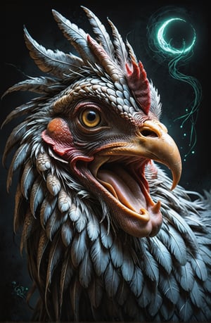 score_9, score_8_up, score_7_up, (sketch drawing),  Highly detailed fantasy art of the viewer's hand patting the head of a very happy-looking rooster that has a long, scaly serpent's tail, Fine art style,Expressiveh,portrait art,dark, ,concept art, dark theme, pov hands,headpat