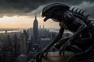 In a masterclass blend of dark fantasy and architectural grandeur, an Alien Xenomorph crouches precariously on the edge of a waterspout atop the iconic Empire State Building. The moody, H.R. Giger-inspired atmosphere is heightened by the approaching thunderstorm, with dynamic lighting casting deep shadows that seem to writhe like living tendrils. The Xenomorph's eyes gleam malevolently as it surveys the city below, poised to strike at any moment.