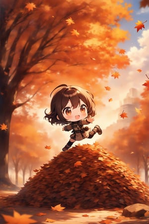 score_9_up, score_8_up, masterpiece, best quality, 1girl, cute, anime, chibi, dynamic pose, diving(doing a cannonball) into a very tall, large pile of leaves in the middle of autumn, backdrop of a sunny autumn day Oil painting style.