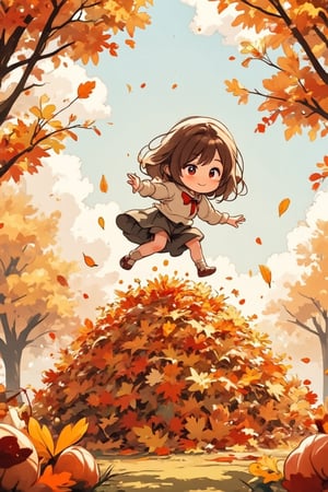 1girl, cute, anime, dynamic pose, diving(doing a cannonball) into a very tall, large pile of leaves in the middle of autumn, backdrop of a sunny autumn day