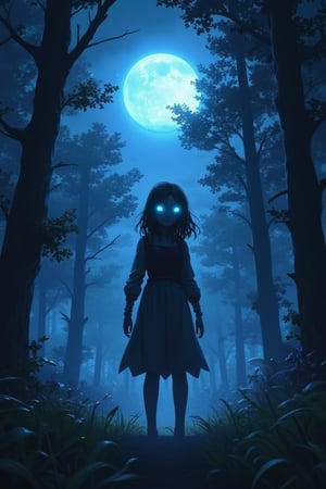 score_9,score_8_up, high quality,masterpiece. detailed image of a ghostly forest at night. A creepy girl with blue glowing eyes stand silhouetted in the moonlight. Background of a moonlit forest