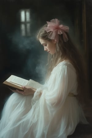 A surreal painting in an impressionist style, depicting the ghost of a young 20 yo beauty(transparent body, see-through clothes and body, ghost, ghost person) as a ghost with long, wavy, light brown hair adorned with a pink bow on the right side. She is shown in profile, facing to the left, and is wearing a pale white victorian-era dress. The girl appears to be engrossed in reading a book, which she holds in her right hand, her left hand resting on her lap. The background is a blurred, darkened interior of a house. The girl herself is transparent, and it become apparent to the viewer she is a ghost as you can see the room she sits in behind her. The darkness and shadows belie a sorrowful feel to this haunting image.,VNS_Ghost