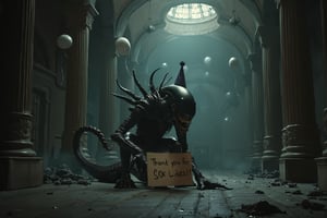 In a masterclass blend of dark fantasy and architectural grandeur, an Alien Xenomorph crouches in a darkened room. The moody, H.R. Giger-inspired atmosphere is oddly offset by the presence of party balloons floating above the ground. ((The xenomorph is holding a sign that says "Thank you for 50k Likes!!")). (The xenomorph is wearing a party hat on the top of its head.