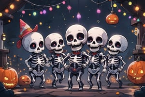 score_9, score_8_up, score_7_up, source_anime, chibi skeletons are dancing together at a halloween party, Dark spooky background with halloween decor