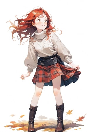 Simple background, Japanese pattern background, A cute  red-haired girl with freckles in a wool sweater and tartan skirt, leather boots, standing  while warming herself against a chilly breeze in Autumn