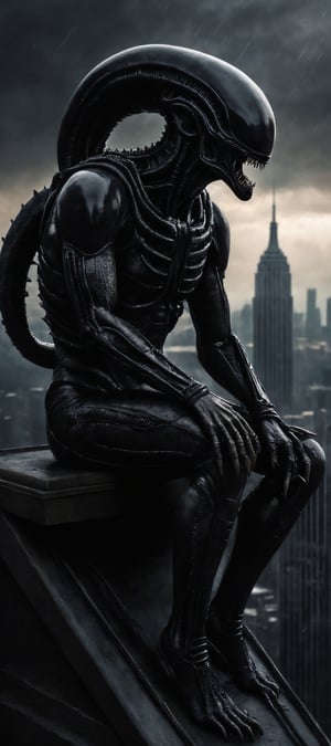 score_9,score_8_up, Masterpiece, insanely detailed, moody dark atmosphere, in the style of H.R. Giger, an Alien Xenomorph perched on a ledge on the Empire State Building, looking down at the city during a thunderstorm. Dynamic lighting, insane level of detail, detailed shadows adding to an ominous atmosphere.
