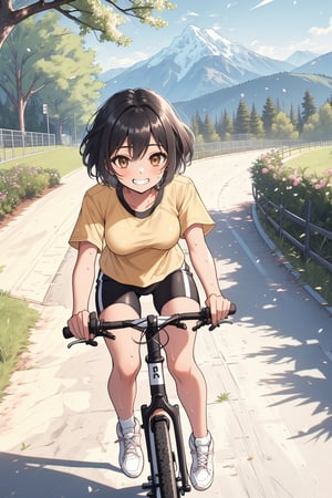 masterpiece, high quality, highres, 2D, 1girl, black short hair, brown eyes, golden shirt, short sleeve, black sweat short,  bare legs, outside, in the park, light from above, sport style, doing Mountain biking, riding along a path that leads out of the park towards the mountains. This time it is the viewer who follows her, while we see that the girl is concentrating on riding. with white sneakers,  noticeable breast, grin, tanned skin, smooth skin, 