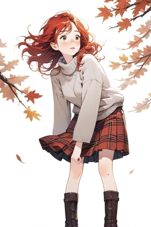 Simple background, Japanese pattern background, A cute  red-haired girl with freckles in a wool sweater and tartan skirt, leather boots, standing  while warming herself against a chilly breeze in Autumn