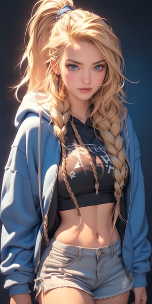 4k,best quality,masterpiece,20yo 1girl(blonde,medium breasts, hair in braided ponytail,athletic build, american girl, midwestern girl, girl-next-door good looks, blue eyes,((blonde short hair with long locks:1.2)))(cropped blue sweatshirt),(demin shorts), alluring smile, open blue hoodie,

(Beautiful and detailed eyes),
Detailed face, detailed eyes, double eyelids ,real hands, semi visible stomach,  blonde hair, medium breatsts, blue eyes, black background,


real person, color splash style photo,
