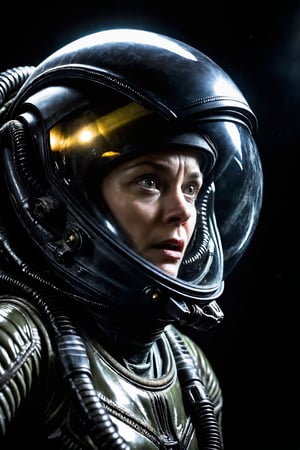 Astronaut's Fearsome Confrontation: A close-up shot of a terrified female astronaut (scared expression 1.3), helmet and visor down, (((her eyes riveted on the approaching Alien Xenomorph reflected in her visor))). ((on her visor is the reflection of a menacing xenomorph)). The spacecraft's dark, claustrophobic atmosphere is illuminated by dynamic lighting, casting eerie shadows that seem to writhe like tendrils.