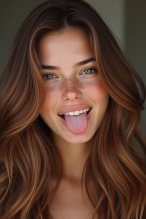 masterpiece, insanely detailed portrait of a cute 25 year old woman,playful expression, with long brown hair and freckles, winking and poking her tongue out playfully at the viewer