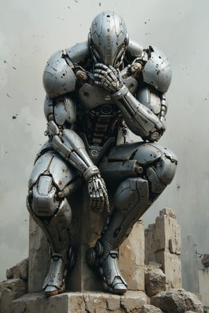 best quality, masterpiece, Insanely detailed image of a giant humanoid robot sitting on the edge of a stone pedestal posed like "The Thinker" by Rodin, detailed robotic arms and legs, detailed joints, gun at the ready, detailed joints, dynamic pose and lighting, actively fighting in an intense battle,ARob,cyborg,metal