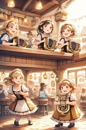 Oktoberfest, chibi style, 3girls in Bavarian costume playing in a Bavarian Oompah band (2 girls playing the tuba, one playing the accordion) during Oktoberfest at a German Tavern, background of a tavern