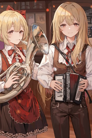 Oktoberfest, 3girls in Bavarian costume playing in a Bavarian Oompah band (2 girls playing the tuba, one playing the accordion) during Oktoberfest at a German Tavern, background of a tavern,Anime Style,noc-detail