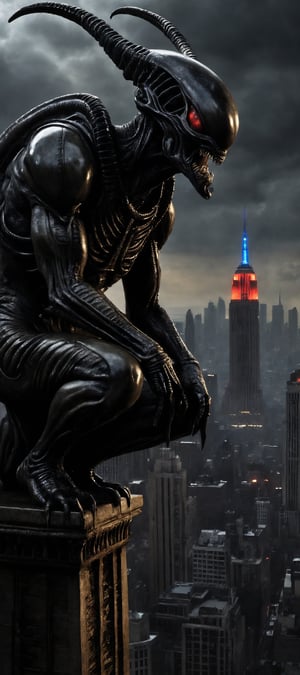 score_9,score_8_up, Masterpiece, insanely detailed, moody dark atmosphere, in the style of H.R. Giger, an Alien Xenomorph perched on the end of a gargoyle on the Empire State Building, looking down at the city during a thunderstorm. Dynamic lighting, insane level of detail, detailed shadows adding to an ominous atmosphere.
