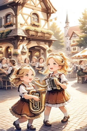 Oktoberfest, chibi style, 3girls in Bavarian costume playing in a Bavarian Oompah band (2 girls playing the tuba, one playing the accordion) during Oktoberfest at a German Tavern, background of a tavern