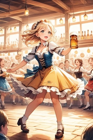 Oktoberfest, chibi style, girls polka dancing during Oktoberfest at a German Tavern, background of a tavern