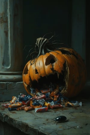 A dark, disturbing close-up image of a rotting jack-o-lantern, (collapsed, unlit and decayed) sitting on the porch of an abandoned house. ((Out of the mouth and scattered nearby are large amounts of wrapped halloween candy)). A beetle is crawling over the candy. It is night, and the dimly-lit scene is dark and foreboding.,DRK