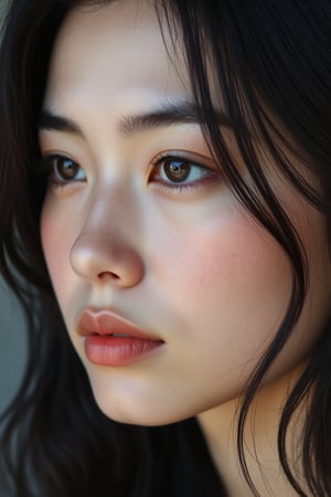 masterpiece, insanely detailed portrait of a gorgeous 25 year old Japanese woman, sultry expression, blue eye shadow, looking off to the right, detailed deep brown eyes