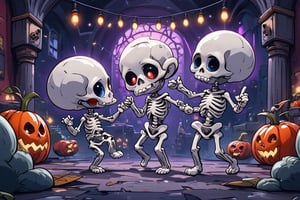 score_9, score_8_up, score_7_up, source_anime, chibi skeletons are dancing together at a halloween party, dynamic dance poses, Dark spooky background with halloween decor