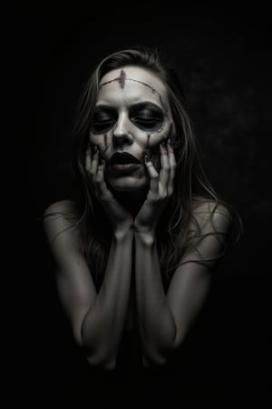 A dark disturbing scene, close-up portrait of a beautiful woman who is ((lifting her face as she would a mask)), holding her face away from her head, partially revealing a horribly disfigured face underneath. Otherwordly themes and a dark foreboding atmosphere.