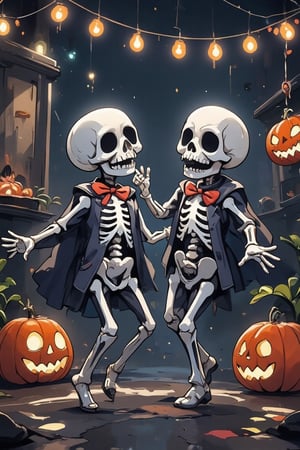 score_9, score_8_up, score_7_up, source_anime, chibi skeletons are dancing together at a halloween party, dynamic dance poses, Dark spooky background with halloween decor