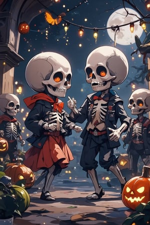 score_9, score_8_up, score_7_up, source_anime, chibi skeletons are dancing together at a halloween party, dynamic dance poses, Dark spooky background with halloween decor