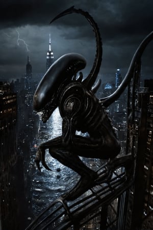 In a masterclass blend of dark fantasy and architectural grandeur, an Alien Xenomorph crouches precariously on the edge of a waterspout atop the iconic Empire State Building. The moody, H.R. Giger-inspired atmosphere is heightened by the approaching thunderstorm, with dynamic lighting casting deep shadows that seem to writhe like living tendrils. The Xenomorph's eyes gleam malevolently as it surveys the city below, poised to strike at any moment.