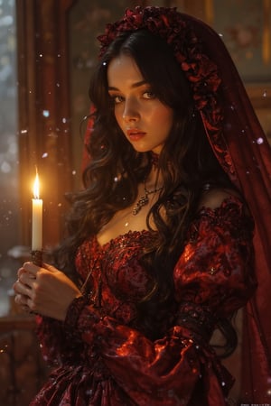 1girl(21 year old, cute, sexy, long black hair girl, wearing a lavishly detailed victorian gown, mascara, holding a lit candle with wax dripping onto her hand) high resolution,  detailed skin,  detailed eyes,  8k uhd,  dslr,  high quality,  film grain