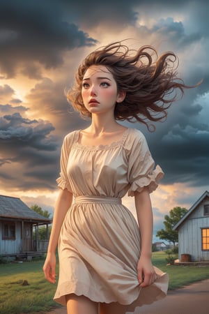 score_9, score_8_up, masterpiece, detailed 1girl(cute, look of concern on her face, looking away from the viewer towards the dark clouds, wearing a light-colored sundress that is blowing in the wind) standing on the porch of an old house, (looking away from the viewer), watching an approaching thunderstorm. Dark clouds, ominous atmosphere, windy, highly detailed. Background is a stormy countryside, rural environment, rustic feeling.