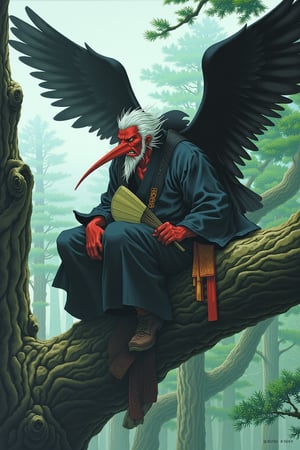 Tengu,traditional japanese yokai
,yokai in misty mountain forest, long-nosed mask, fierce red face,stick like long nose, white hair and beard, wearing traditional yamabushi attire, large black bird wings, holding big fan, perched on ancient gnarled tree, surrounded by towering cedar trees,