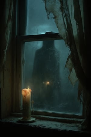 A dark, disturbing close-up image of an external view of a  dusty window with a tattered white curtain to the side, set in an old haunted house. Interior to the window, sitting on the windowsill, is a lit candle dripping wax down the side. In the background outside that room is just visible a haunting apparition in the candlelight.  It is night, and the dimly-lit scene is dark and foreboding.,DRK