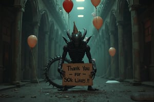 In a masterclass blend of dark fantasy and architectural grandeur, an Alien Xenomorph crouches in a darkened room. The moody, H.R. Giger-inspired atmosphere is oddly offset by the presence of party balloons floating above the ground. ((The xenomorph is holding a sign that says "Thank you for 50k Likes!!")). (The xenomorph is wearing a party hat on the top of its head.