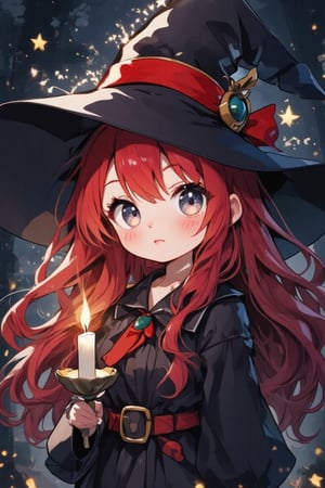 score_9, score_8_up, score_7_up, source_anime, 1girl(cute chibi girl, ((Chibi character)), witch, with long red hair girl, freckles, grey eyes, holding a candle). She is staring intently at the viewer. Dark spooky background