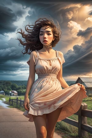 score_9, score_8_up, masterpiece, detailed 1girl(cute, look of concern on her face, looking away from the viewer towards the dark clouds, wearing a light-colored sundress that is blowing in the wind) standing on the porch of an old house, (looking away from the viewer), watching an approaching thunderstorm. Dark clouds, ominous atmosphere, windy, highly detailed. Background is a stormy countryside, rural environment, rustic feeling.