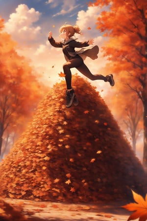 score_9_up, score_8_up, masterpiece, best quality, 1girl, cute, anime, dynamic pose, diving(doing a cannonball) into a very tall, large pile of leaves on the ground,  in the middle of autumn, backdrop of a sunny autumn day Oil painting style.