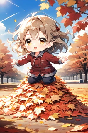 score_9, score_up, 1girl(cute, anime, chibi, fall clothes, dynamic pose) doing a cannonball into a very tall, large pile of leaves on the ground, in the middle of autumn, backdrop of a sunny autumn day