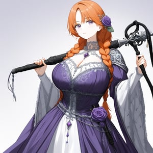 Beautiful young medieval style noble woman, long orange hair held in a braid, side fringe, huge chest, big hips, wears an elegant medieval dress with purple rose patterns, deep square neckline, has a whip in her right hand, white background