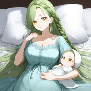 beautiful Princess of 18 , big Yellow eyes, long Green hair, hair combed in a braid, sky blue simple bed dress with deep neckline, no jewerly, big chest, innocent and melancholic look, lying in bed, she has just given birth to her firstborn, carrying her newborn in her arms
