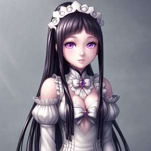 a beautiful young girl of 19 years of age, pale white skin with a slightly sick appearance, a calm and happy look, light circles under her eyes, violet eyes, long ebony black hair slightly wavy, tied in a high ponytail, tied with a white bow, long to the middle of the back, loose locks, straight fringe, big chest, E cup tits, she wears a long-sleeved maid dress with a large square neckline with white lace, the dress reaches her knees, she wears white stockings with lace, sexy body
