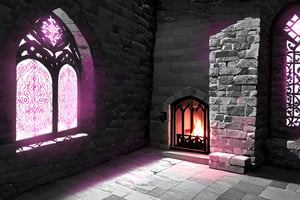 a Medieval princess room in a tower with a chimenea and a balcony, color pink, black and white